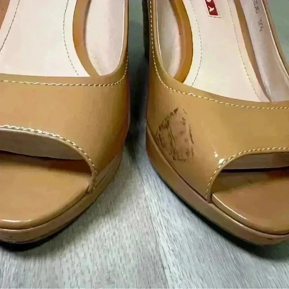 Prada Peep Toe Wedge Espadrille Heels Tan Patent Leather Size 37.5 us 7 - Picture 10 of 12